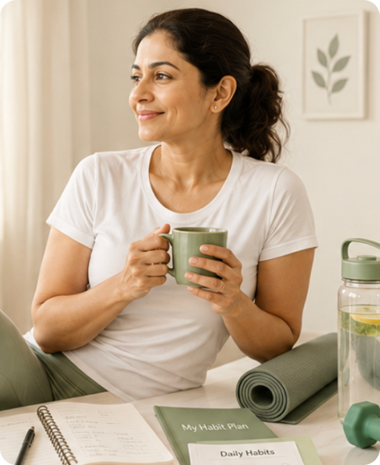 Woman relaxing with tea and journal